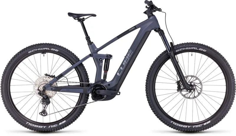 Cube Stereo Hybrid 140 HPC Race 750 Electric Full Suspension Mountain Bike in Grey and Chrome