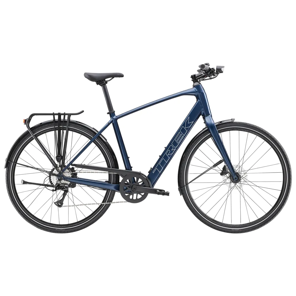 Team Cycles Trek TREK FX+ 2 LT 250Wh Electric Hybrid Bike in Satin Mulsanne Blue | Interest FREE Finance & Online Refund Policy.