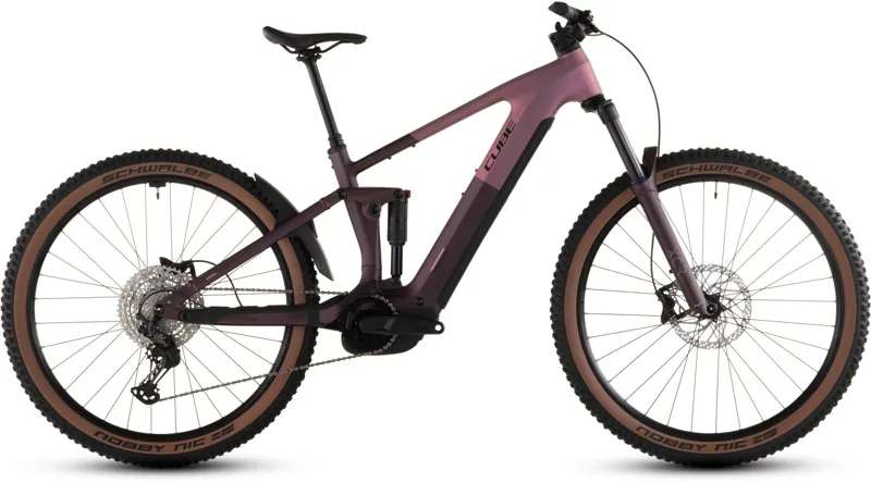 Cube Stereo Hybrid ONE44 PRO 800Wh Full Suspension Electric Mountain Bike in Shiftblush and Raisin