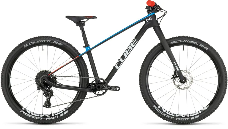 Cube Elite 240 C:62 SLX Kids Mountain Bike in Carbon Blue and Red
