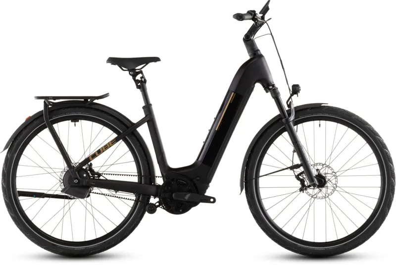 Cube Kathmandu Hybrid Comfort SLX EE 800Wh Electric Hybrid Bike in Solareclipse and Gold