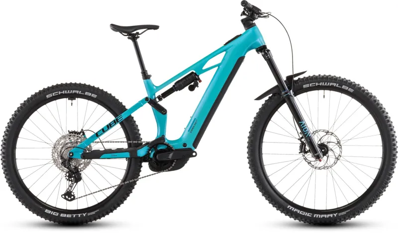 Cube Stereo Hybrid ONE77 HPC Race 800Wh Electric Full Suspension Mountain Bike in Swimmingpool and Black