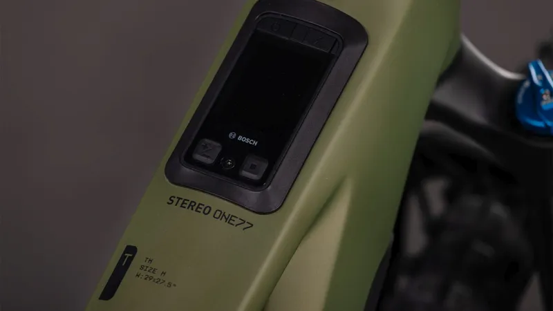 Cube Stereo Hybrid ONE77 HPC TM 800Wh Electric Full Suspension Mountain Bike in Reedgreen and Matrix-1