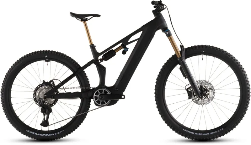 Cube Stereo Hybrid ONE77 HPC AT 800Wh Electric Full Suspension Mountain Bike in Carbon and Gold
