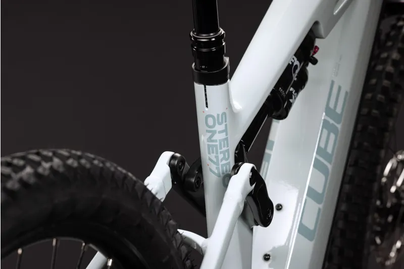 Cube Stereo Hybrid ONE77 HPC SLX 800Wh Electric Full Suspension Mountain Bike in Hintofmint and Orange-5