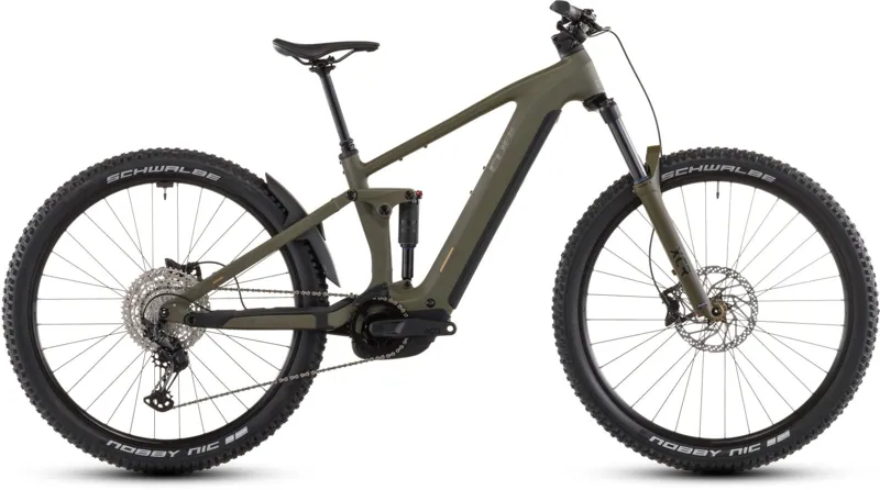 Cube Stereo Hybrid ONE44 Pro 800Wh Electric Full Suspension Mountain Bike in Dustyolive and Gold