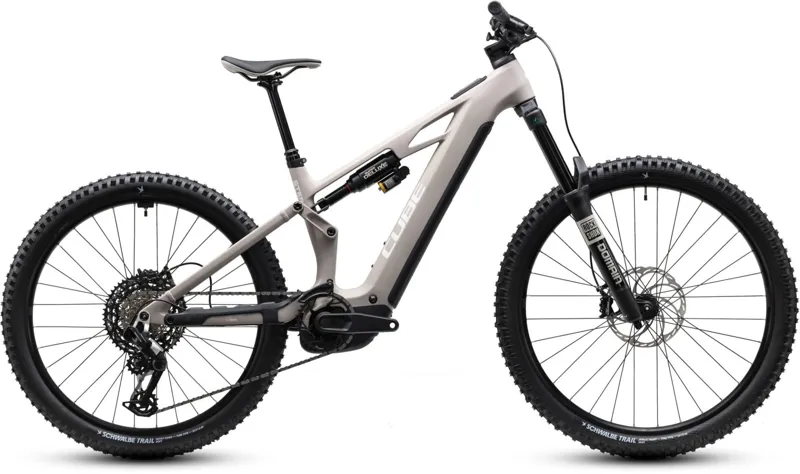 Cube Stereo Hybrid ONE77 HPC Race 800Wh Electric Full Suspension Mountain Bike in Oatgrey and Yellow