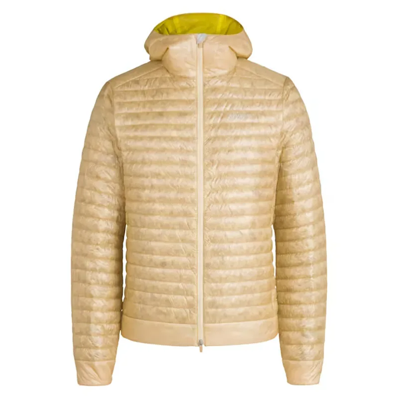 Rapha Men's Explore Hooded Lightweight Down Jacket in Sand and Chartreuse