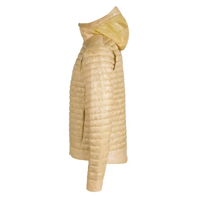 Rapha Men's Explore Hooded Lightweight Down Jacket in Sand and Chartreuse-2