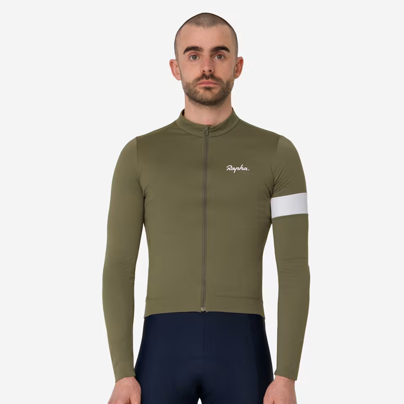 Rapha Men's Core Thermal Long Sleeve Jersey in Green and White-2