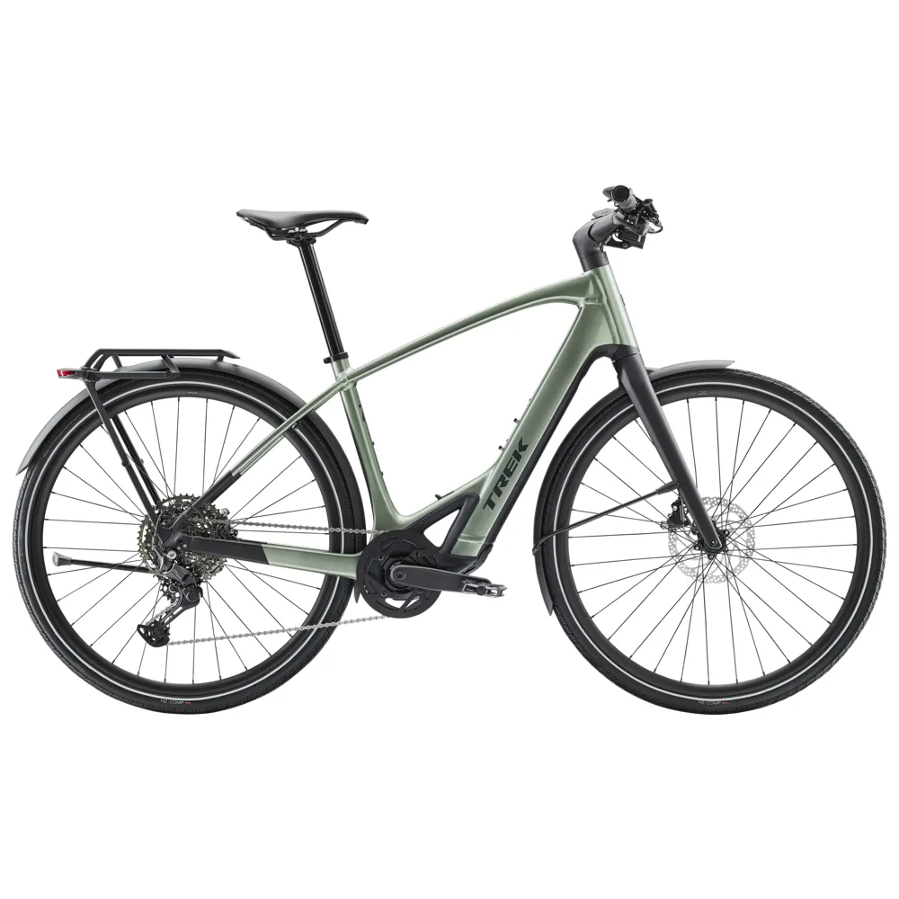 Team Cycles Trek TREK FX+ 7 360Wh Electric Hybrid Bike in Lichen Green | Interest FREE Finance & Online Refund Policy.