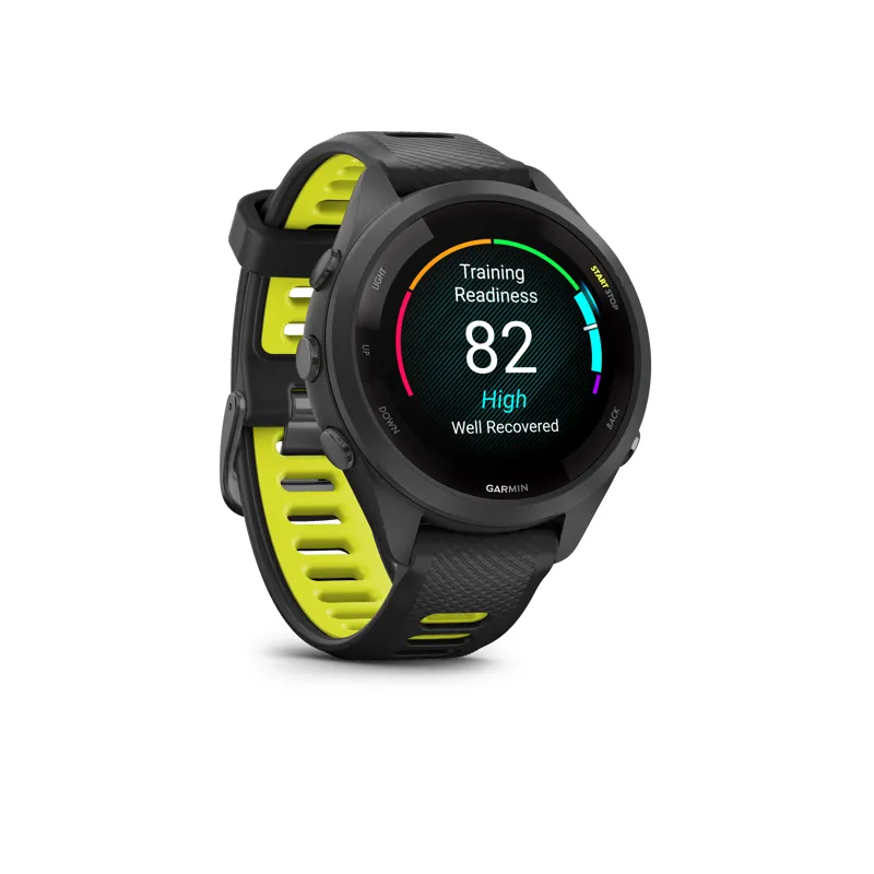 Garmin Forerunner 265S Watch Black Bezel and Case with Black Amp Yellow Silicone Band