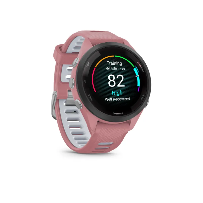 Garmin Forerunner 265S Watch Black Bezel with Light Pink Case and Light Pink Powder Grey Silicone Band-2