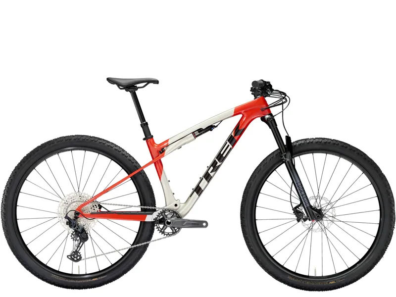 TREK Supercaliber SL 9.6 Gen 2 Full Suspension Mountain Bike in Lunar Silver and Lava Red