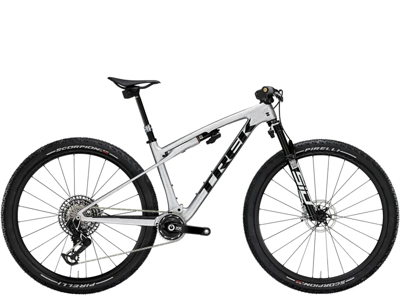 TREK Supercaliber SLR 9.9 Flight Attendant Gen 2 Full Suspension XC Mountain Bike in Argent Drizzle
