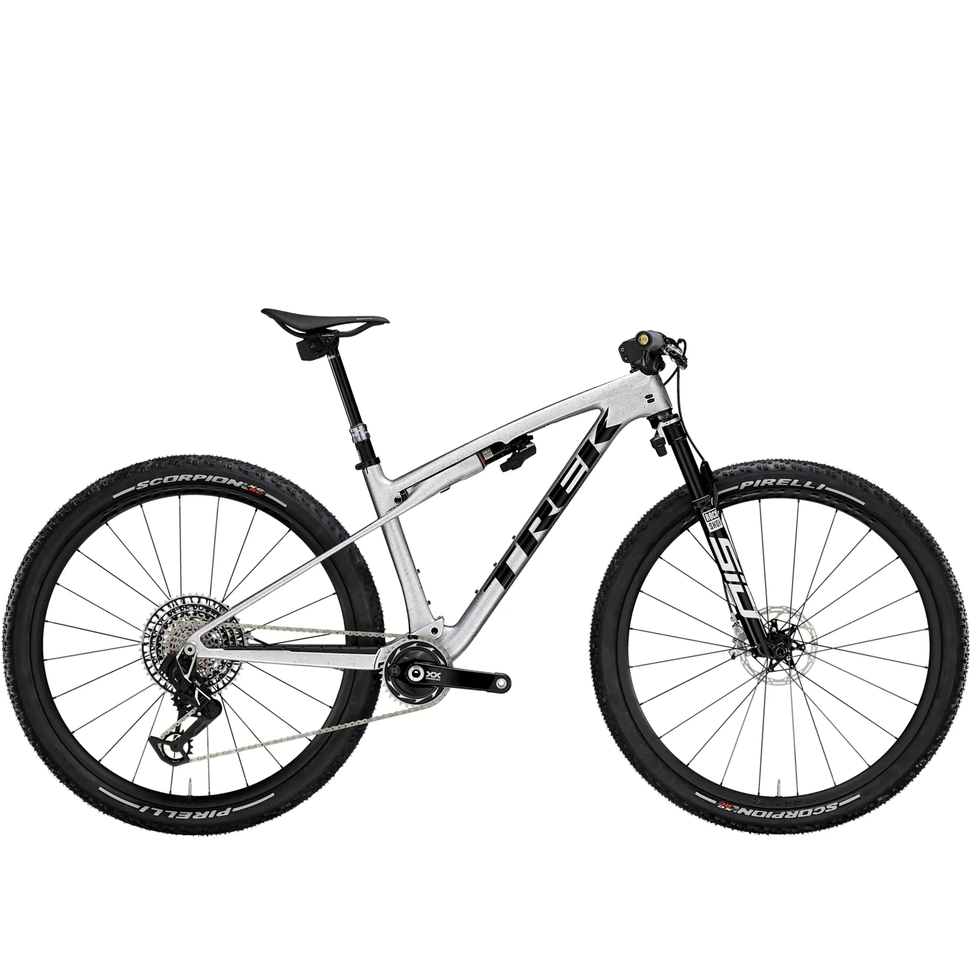 TREK Supercaliber SLR 9.9 Flight Attendant Gen 2 Full Suspension XC Mountain Bike in Argent Drizzle
