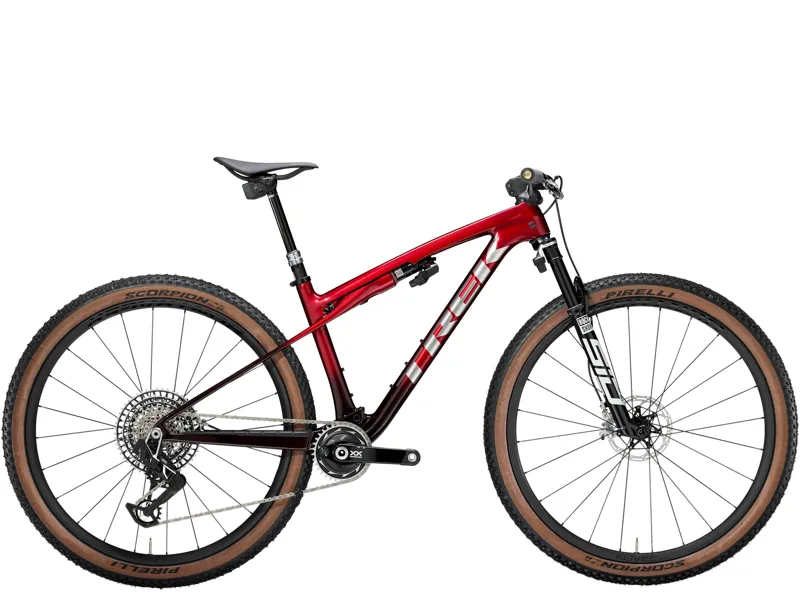 TREK Supercaliber SLR 9.9 Flight Attendant Gen 2 Full Suspension XC Mountain Bike in Red Smoke and Drizzle