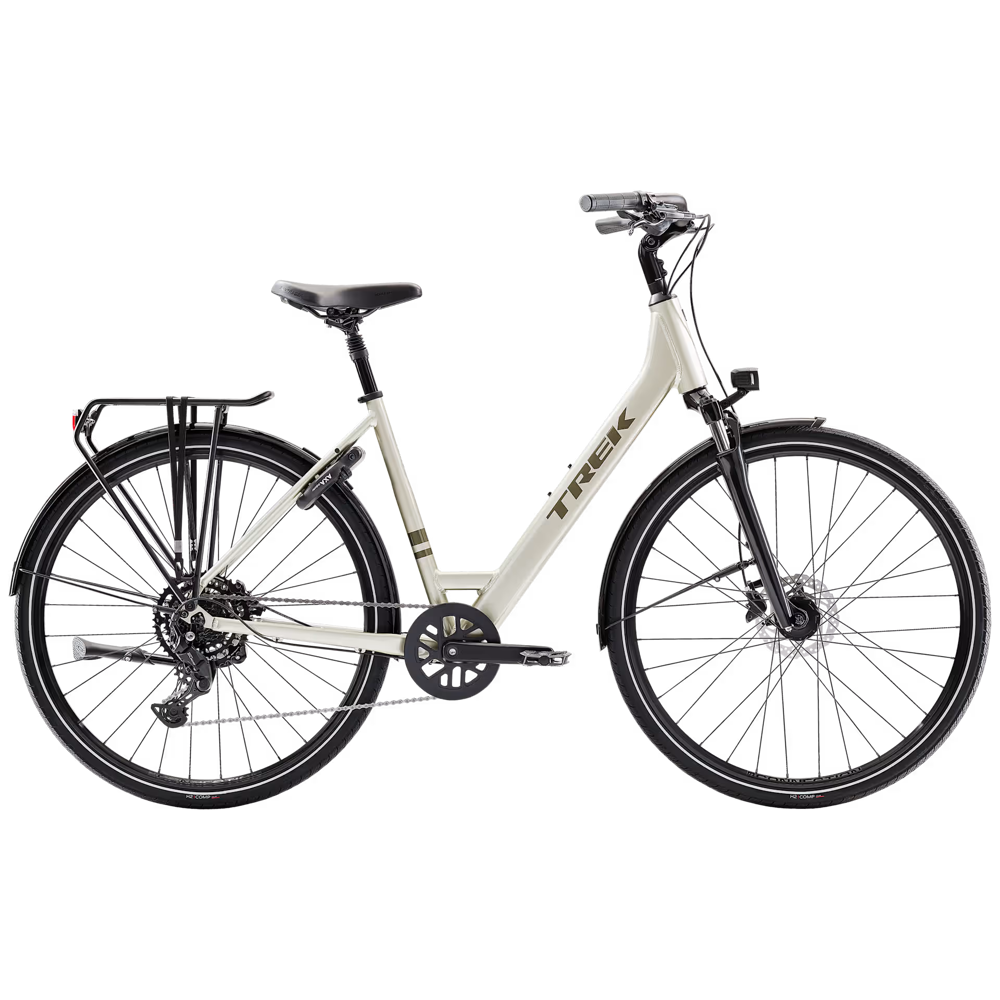 Team Cycles Trek TREK Verve Lowstep Equipped Hybrid Bike in Lunar Silver | Interest FREE Finance & Online Refund Policy.