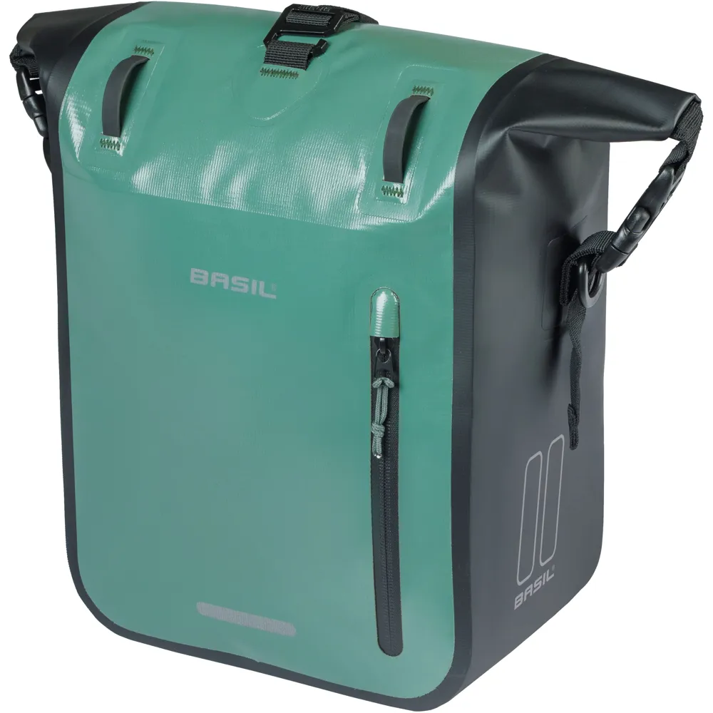 Team Cycles Basil Rivo Tarpaulin MIK Hooks Medium Single Pannier Bag in Silvergreen and Black - 12-15L | Interest FREE Finance & Online Refund Policy.