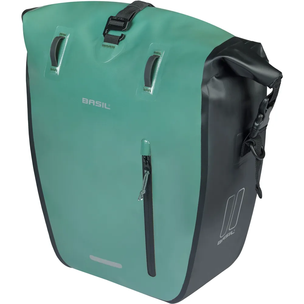 Team Cycles Basil Rivo Tarpaulin MIK Hooks Large Single Pannier Bag in Silvergreen and Black - 25-31L | Interest FREE Finance & Online Refund Policy.