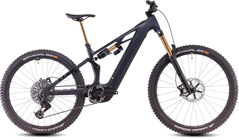 Cube Stereo Hybrid ONE77 HPC AT 800Wh Full Suspension Electric Mountain Bike in Carbon and Gold