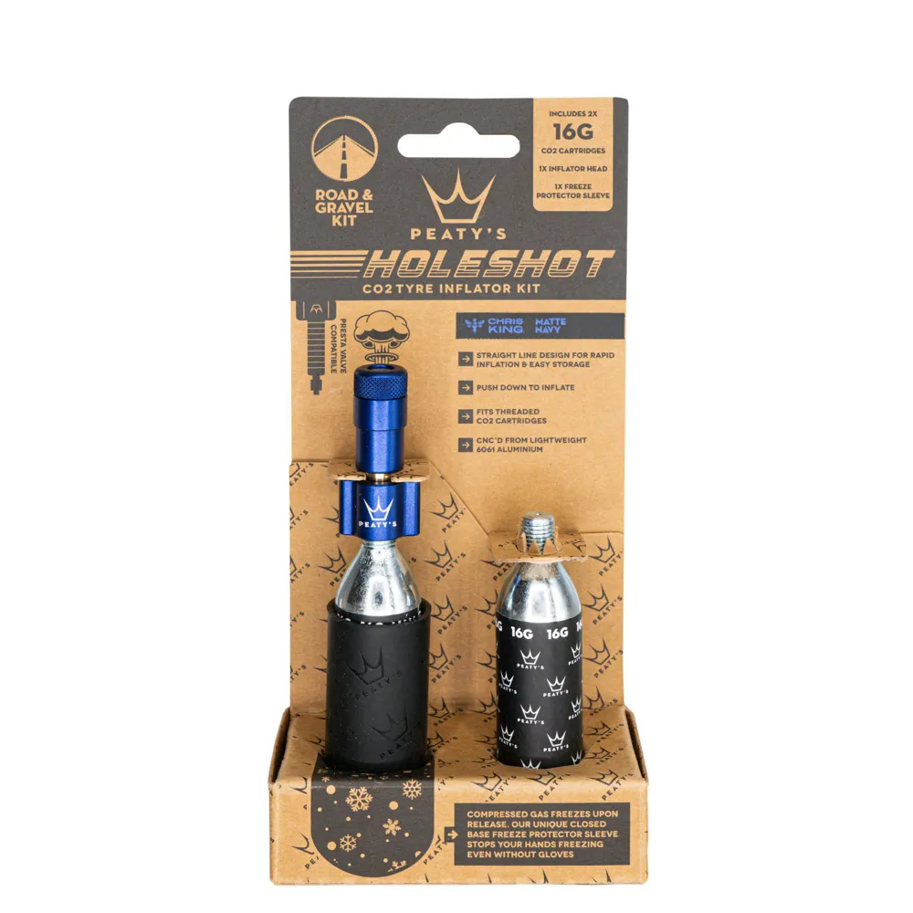 Team Cycles Peaty's Holeshot CO2 Tyre Inflator in Navy - Road And Gravel 16g | Interest FREE Finance & Online Refund Policy.